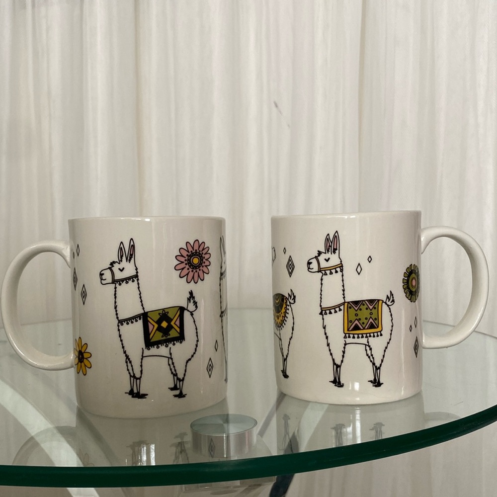 A set of 2 cute desert llamas + flowers coffee mugs by “Maison Simons” 8oz